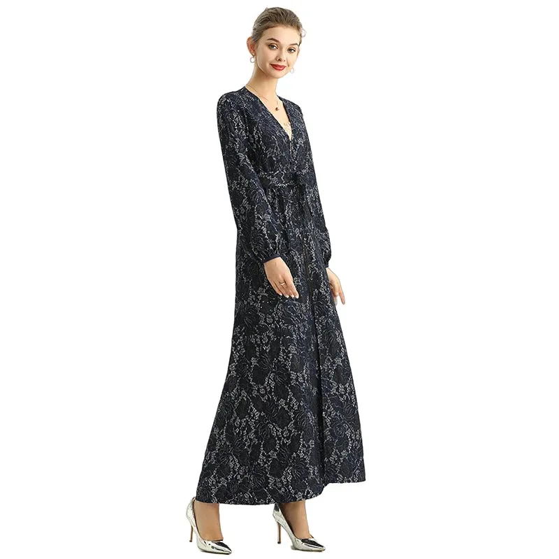 C165 Women bonded sequinned lace long sleeves evening maxi robe dress