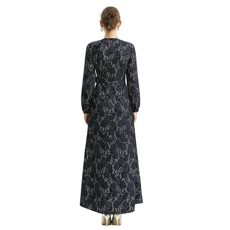 C165 Women bonded sequinned lace long sleeves evening maxi robe dress