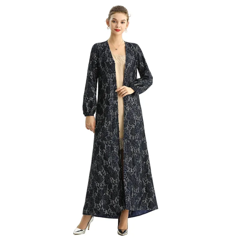 C165 Women bonded sequinned lace long sleeves evening maxi robe dress