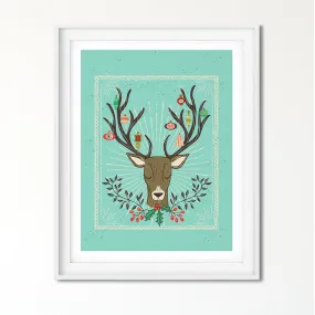 Christmas Deer Antlers and Ornaments Art Poster Print