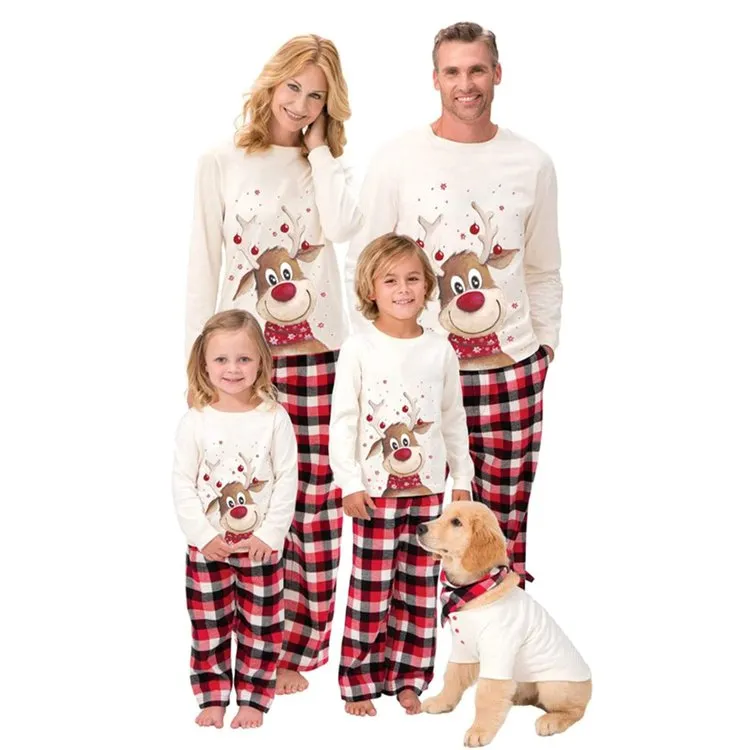 Christmas Family Matching Reindeer Plaid Cotton Pajamas Set