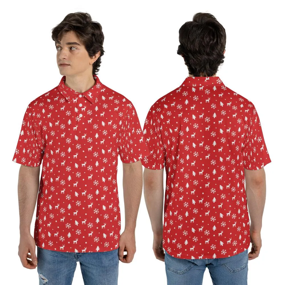 Christmas Polo Shirts for Men Red Reindeer Snowflakes Moisture Wicking Short Sleeve Golf Shirt