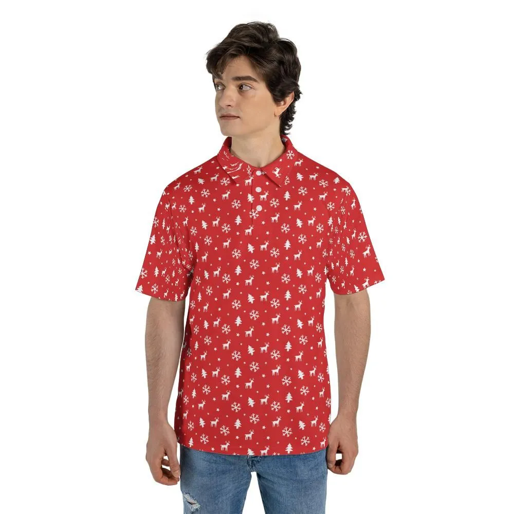 Christmas Polo Shirts for Men Red Reindeer Snowflakes Moisture Wicking Short Sleeve Golf Shirt