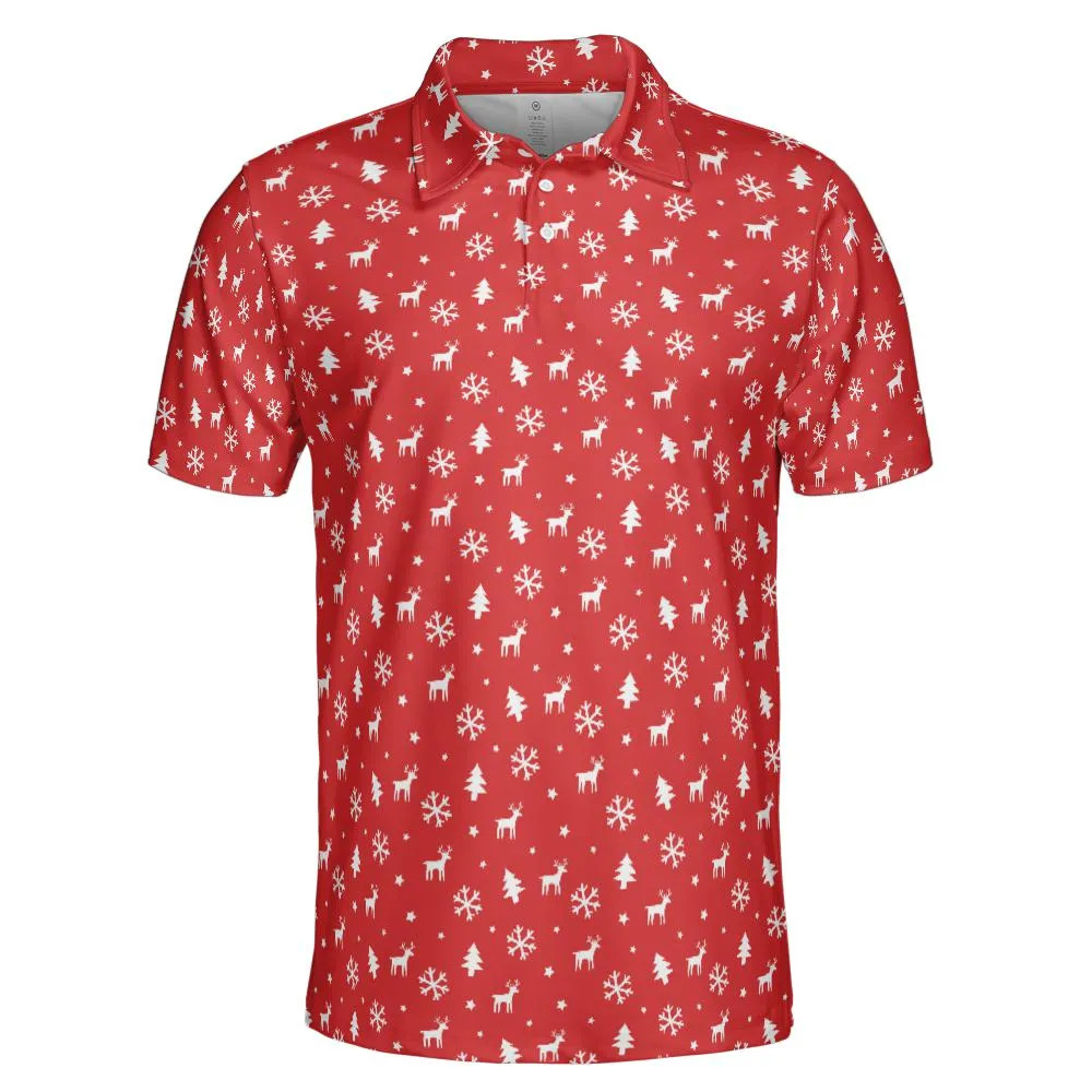 Christmas Polo Shirts for Men Red Reindeer Snowflakes Moisture Wicking Short Sleeve Golf Shirt