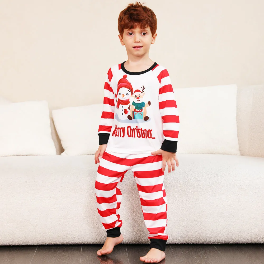 Christmas Striped Family Pajamas Set Snowman & Reindeer Cartoon Pattern