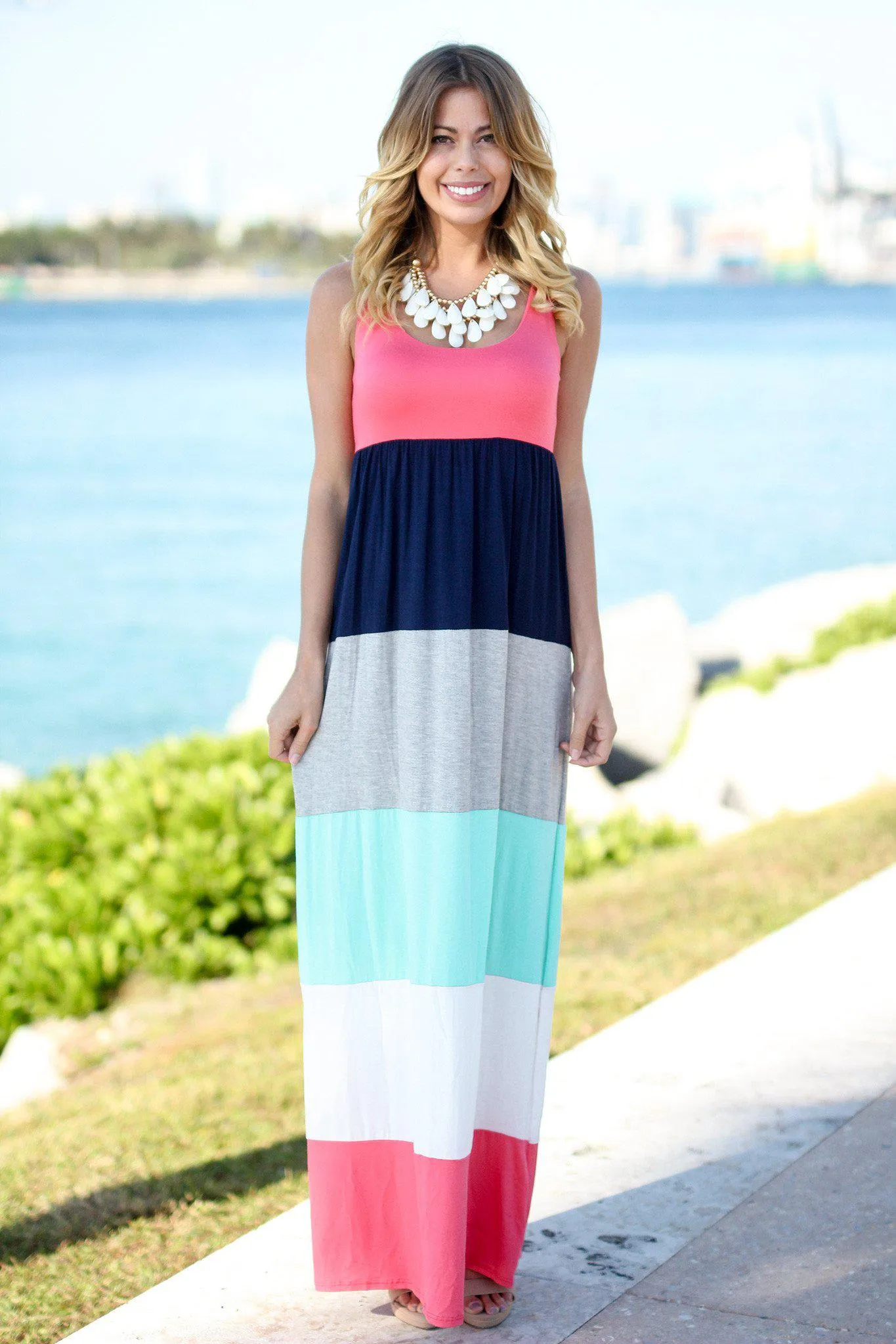 Coral Color Block Maxi Dress