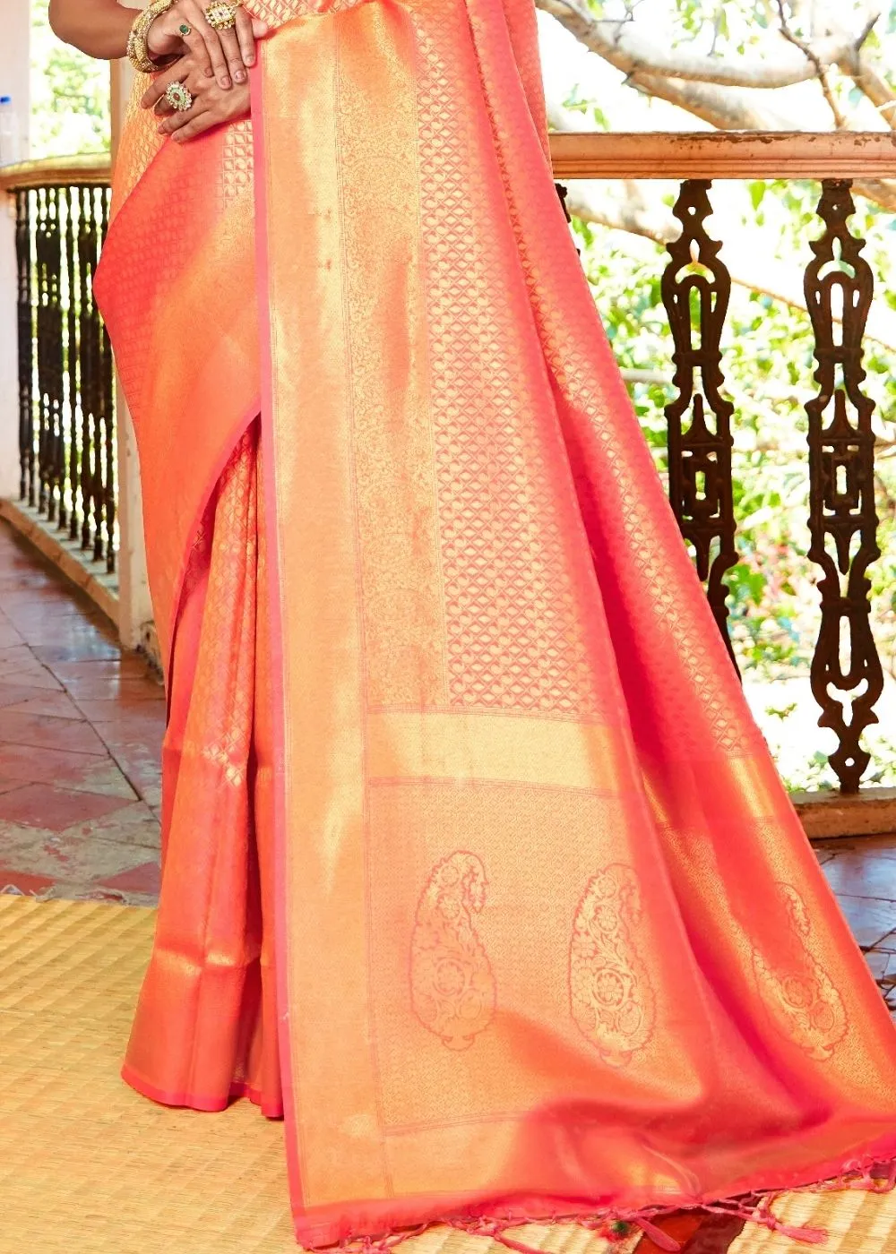 Coral Orange Woven Kanjivaram Saree:Limited Edition