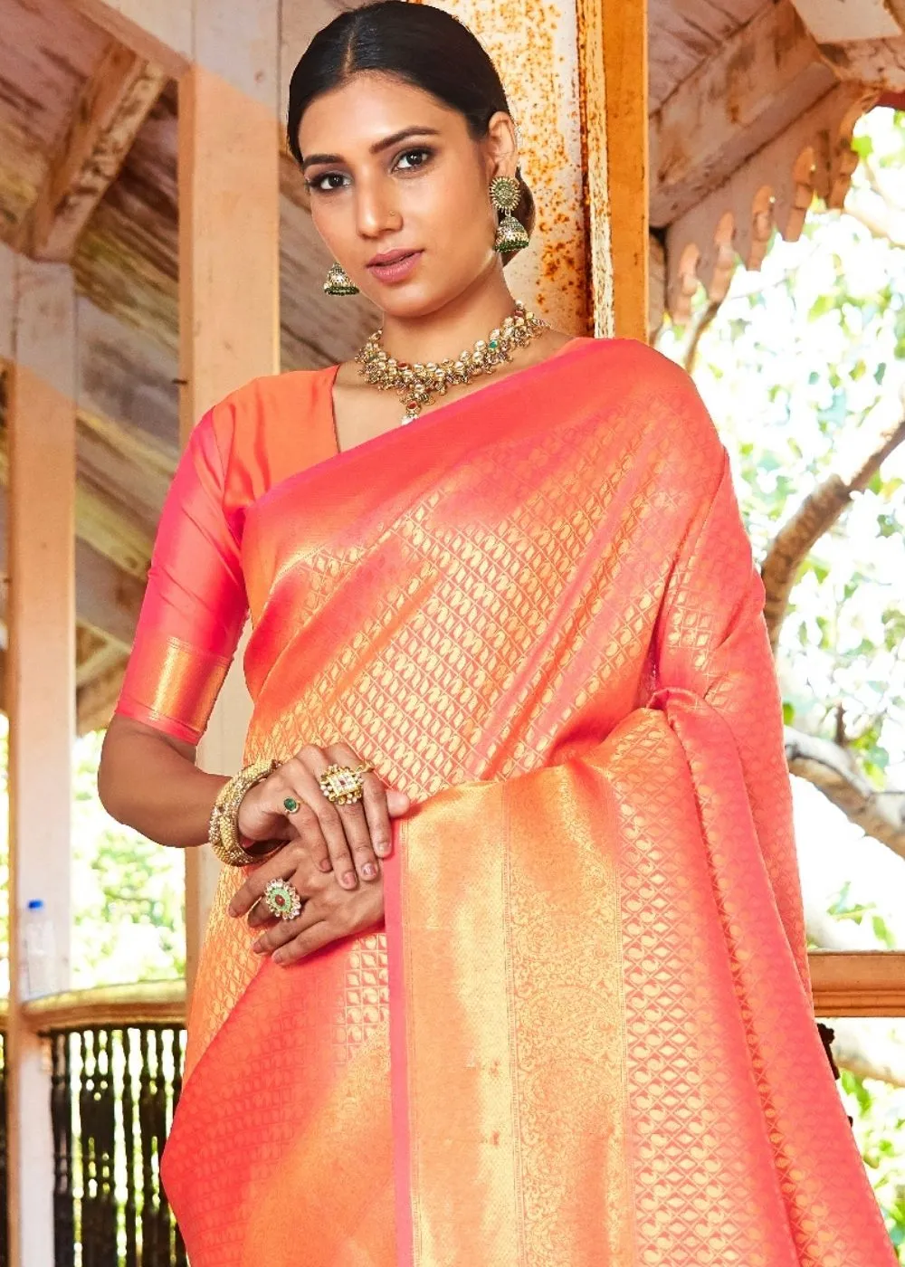 Coral Orange Woven Kanjivaram Saree:Limited Edition