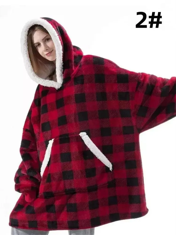 Cozy Plaid Fleece Hoodie Blanket: Trendy Winter Loungewear for Women