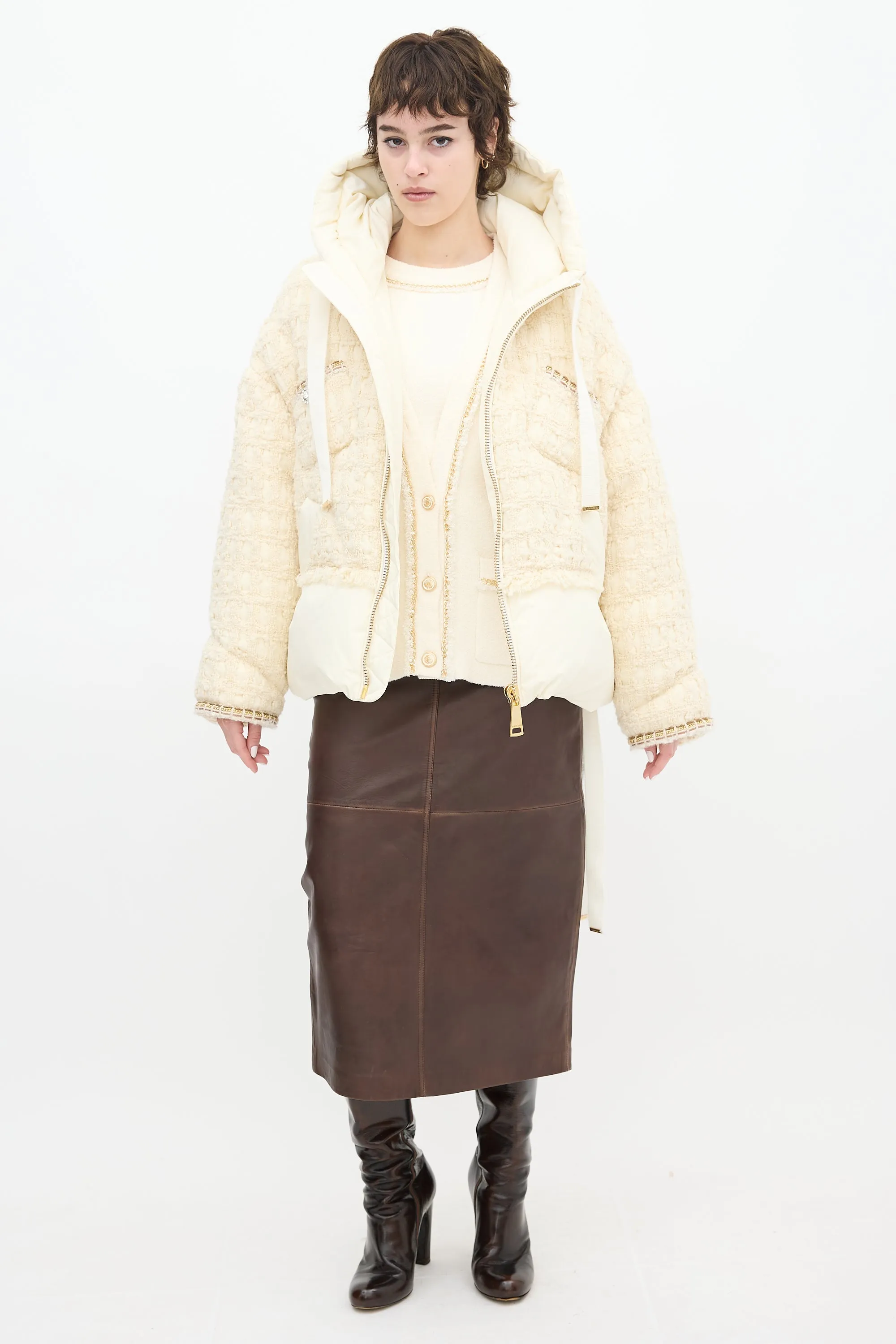 Cream Tweed Khris Down Puffer Jacket