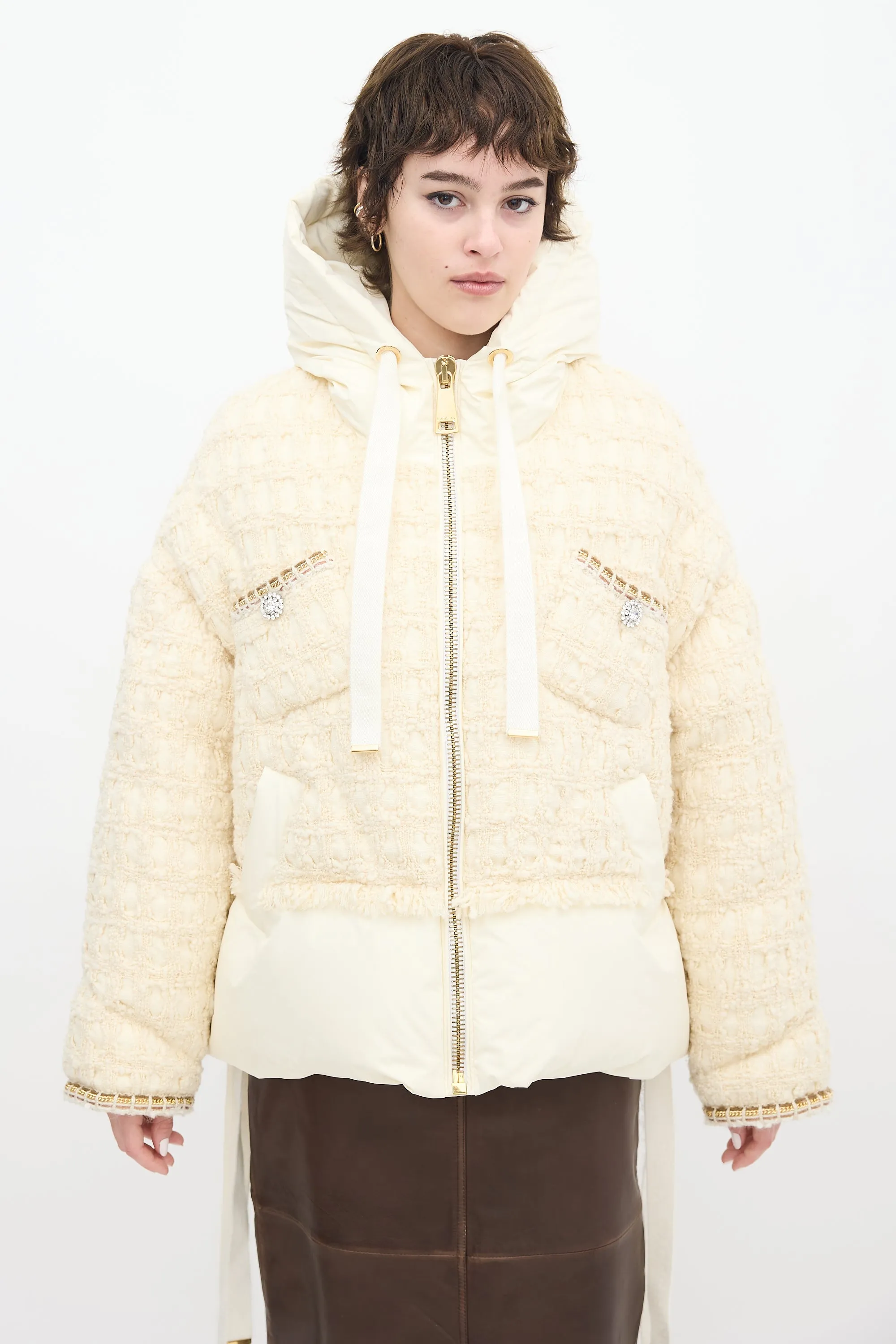 Cream Tweed Khris Down Puffer Jacket