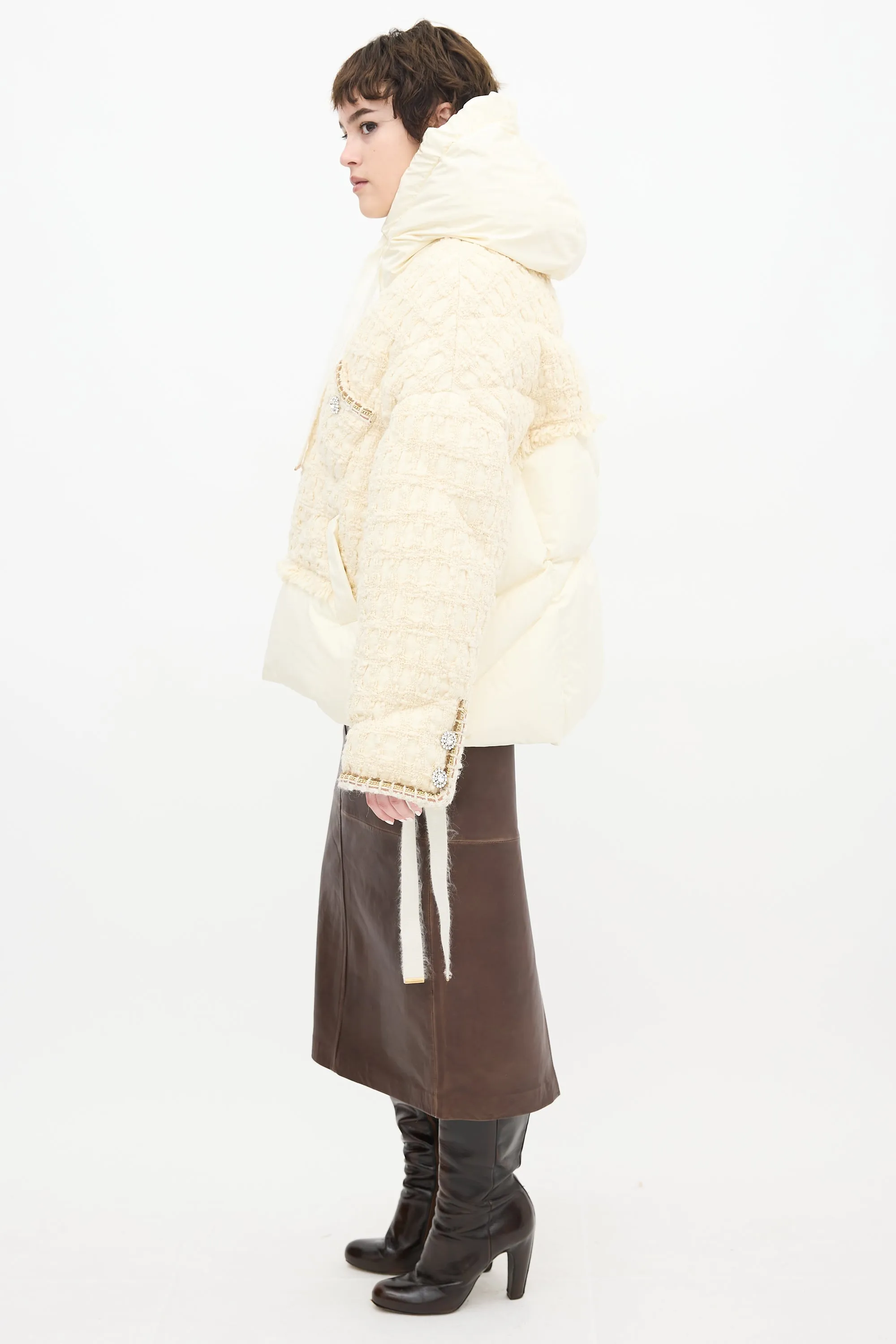 Cream Tweed Khris Down Puffer Jacket