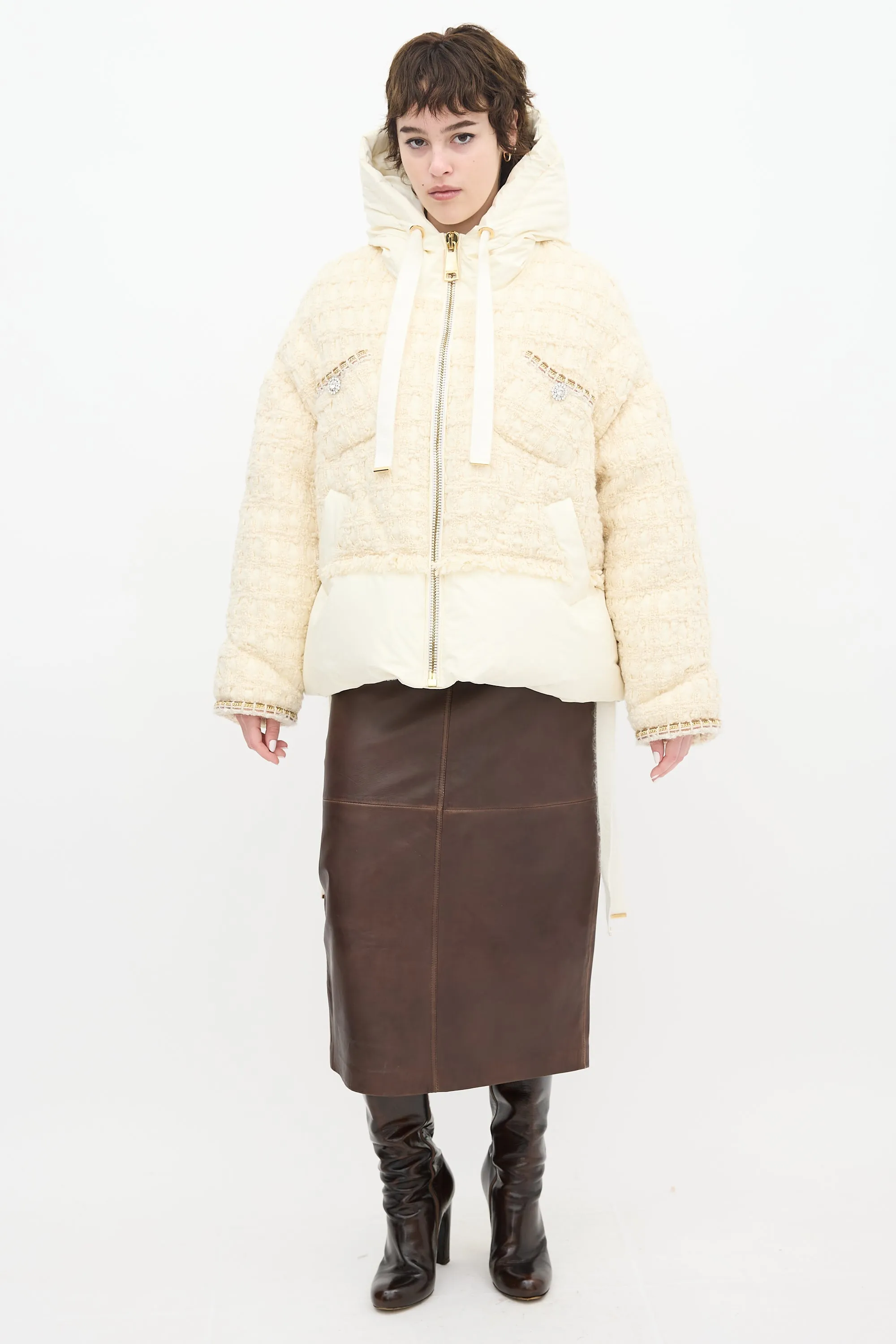 Cream Tweed Khris Down Puffer Jacket