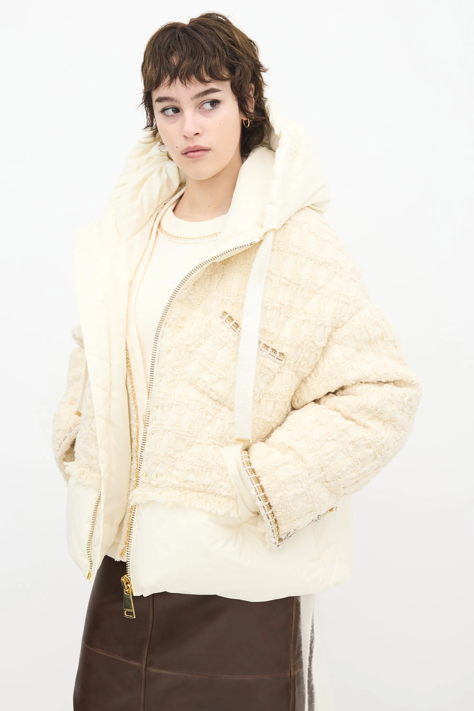 Cream Tweed Khris Down Puffer Jacket