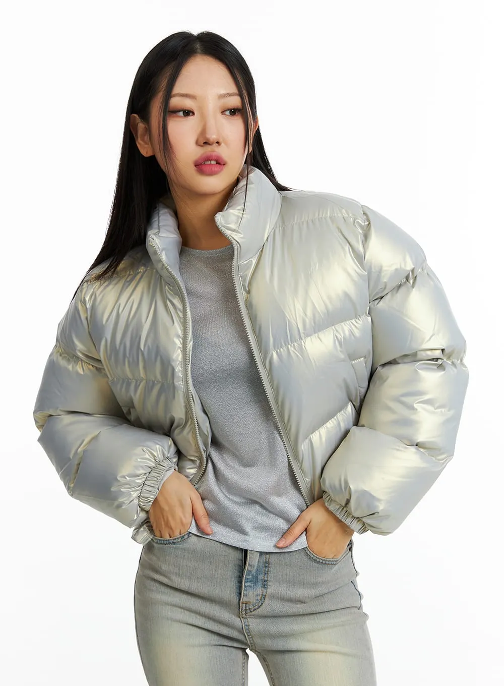 Crop Metallic Puffer Jacket IN322