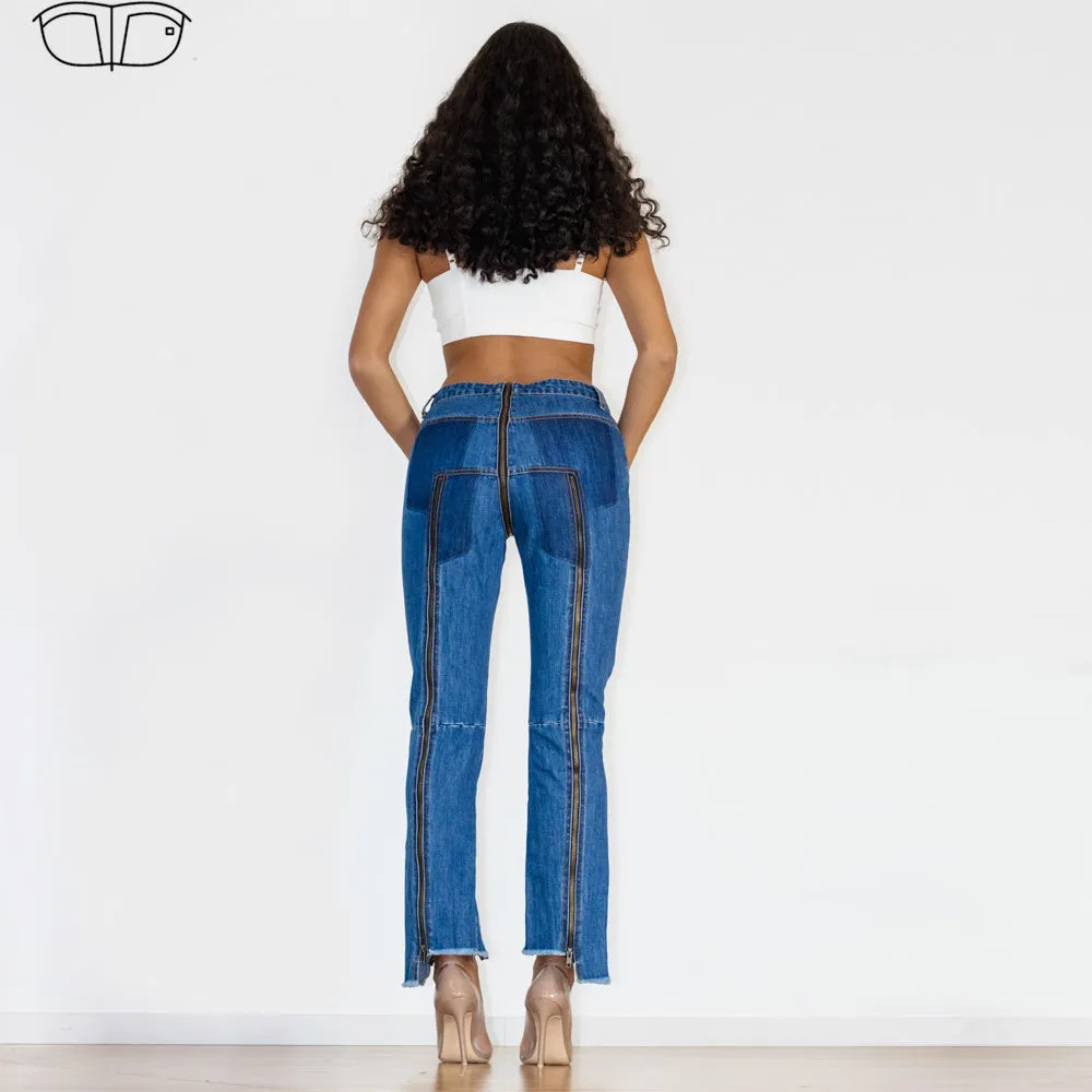 Dark Blue Multiple Zippers Jeans