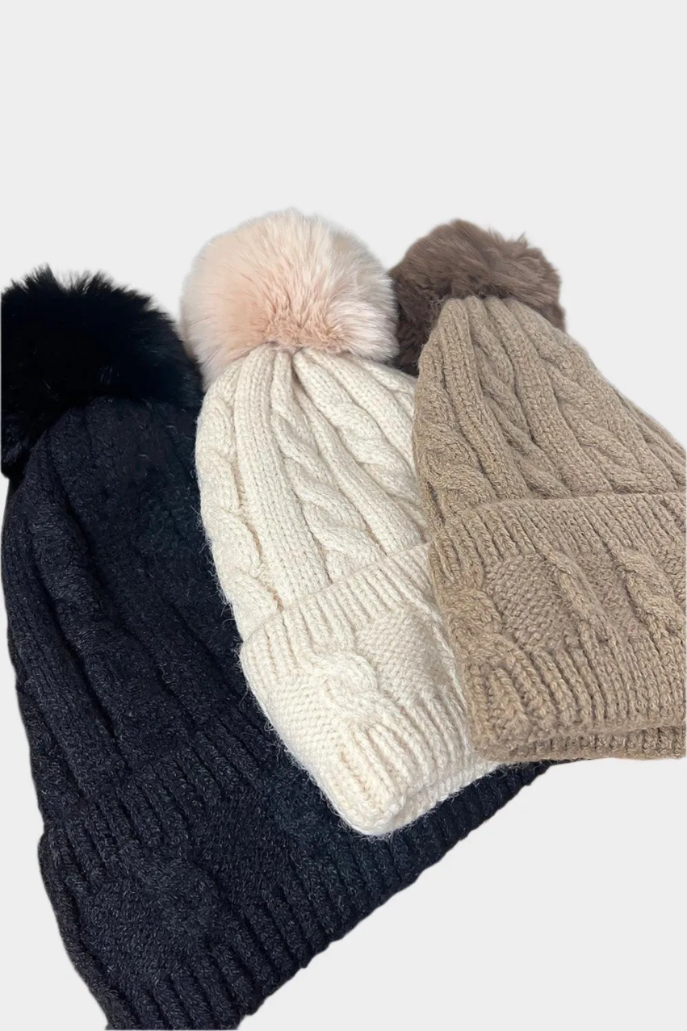 Detachable Faux Fur Pom Pom Knitted Beanie Hat