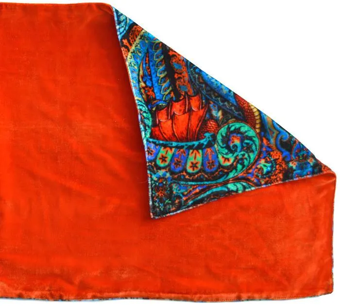 Dragons Dancing, silk velvet scarf. BURNT ORANGE back.