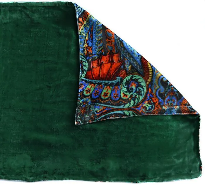 Dragons Dancing, silk velvet scarf. FOREST GREEN back.