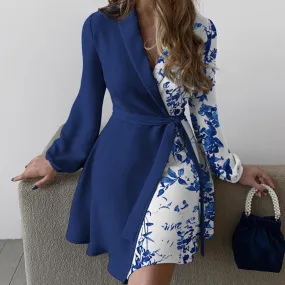 Elegant Women's Long Sleeve Belted Casual Floral Mini Dress