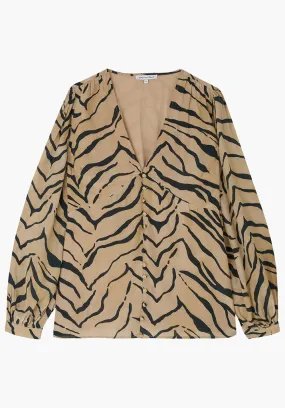 Emmy Deep V-Neck Tiger Print Blouse In Brown