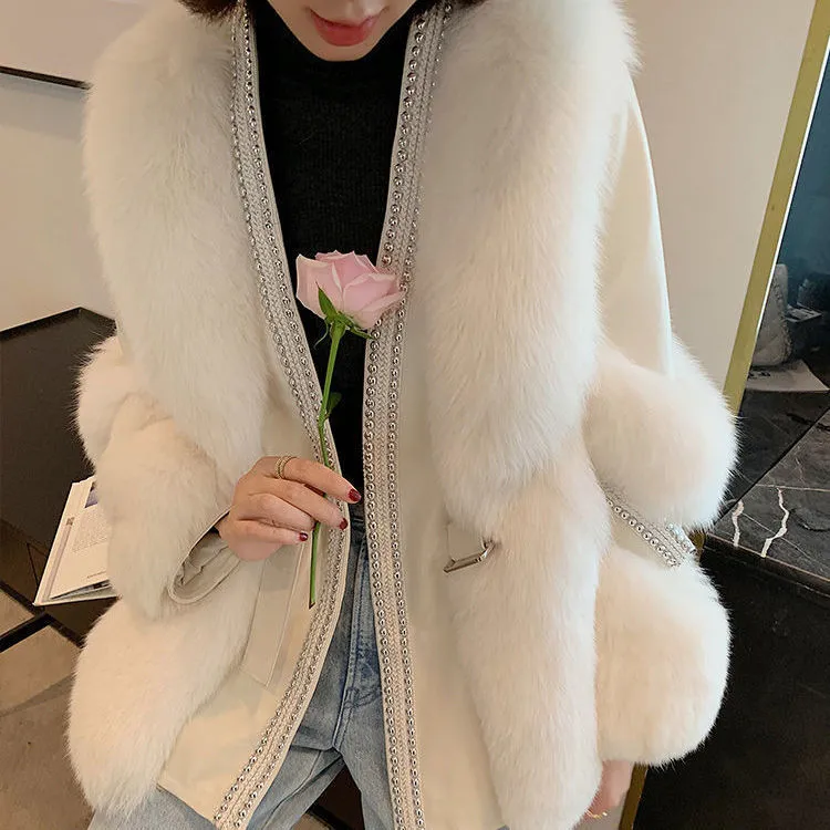 Fashion Slim White Furry Jacket Women 2023 Autumn Winter Thick Warm Faux Leather Fur Coat M B-33531