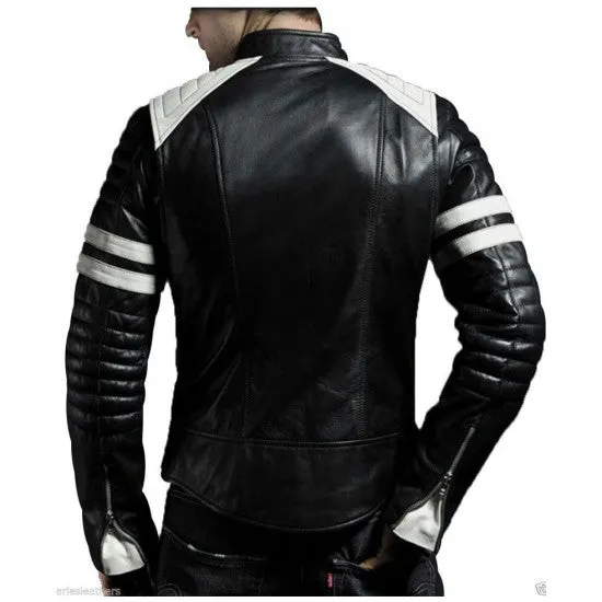 Fight Club Brad Pitt Black and White Leather Jacket