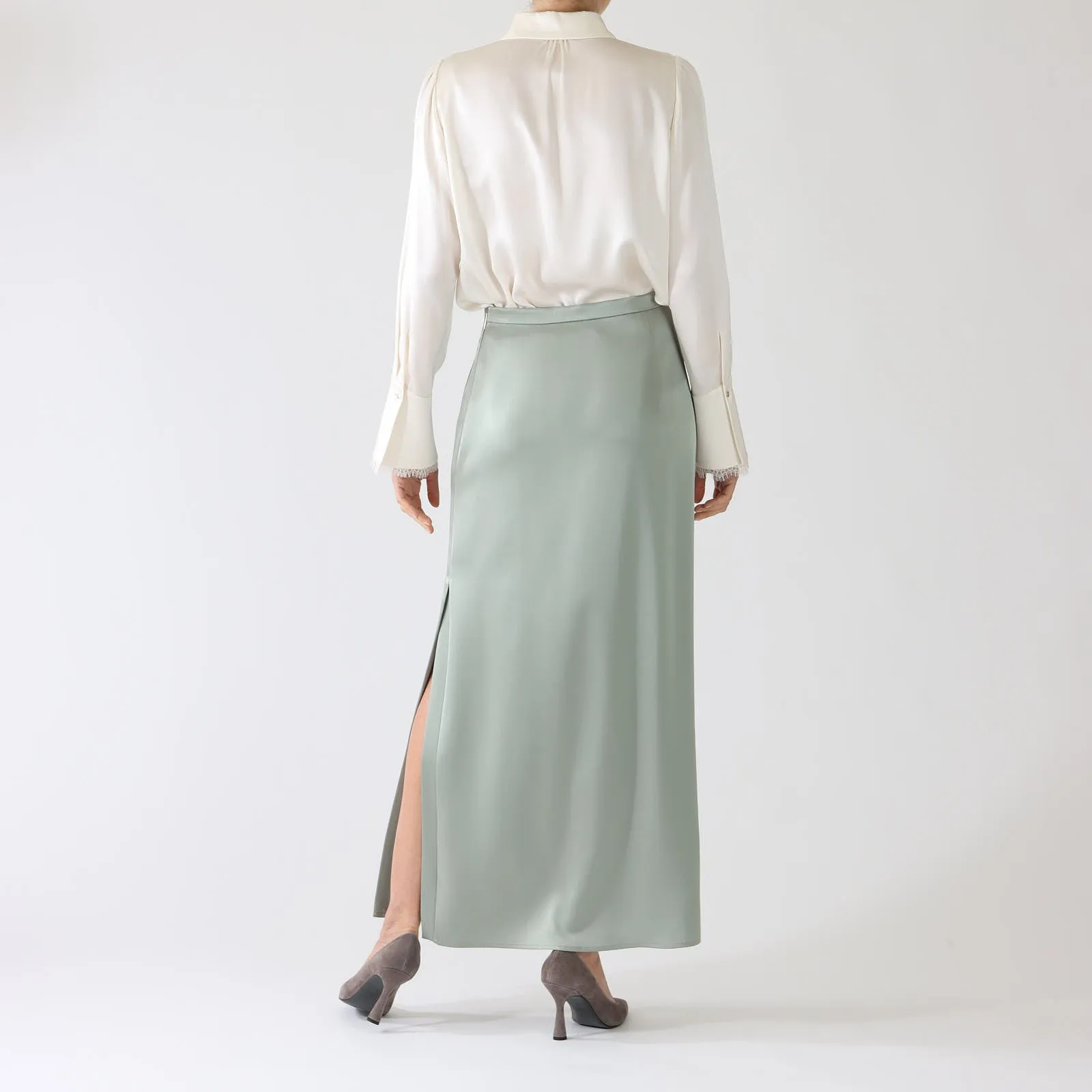 Frozen Sage Satin Maxi Skirt