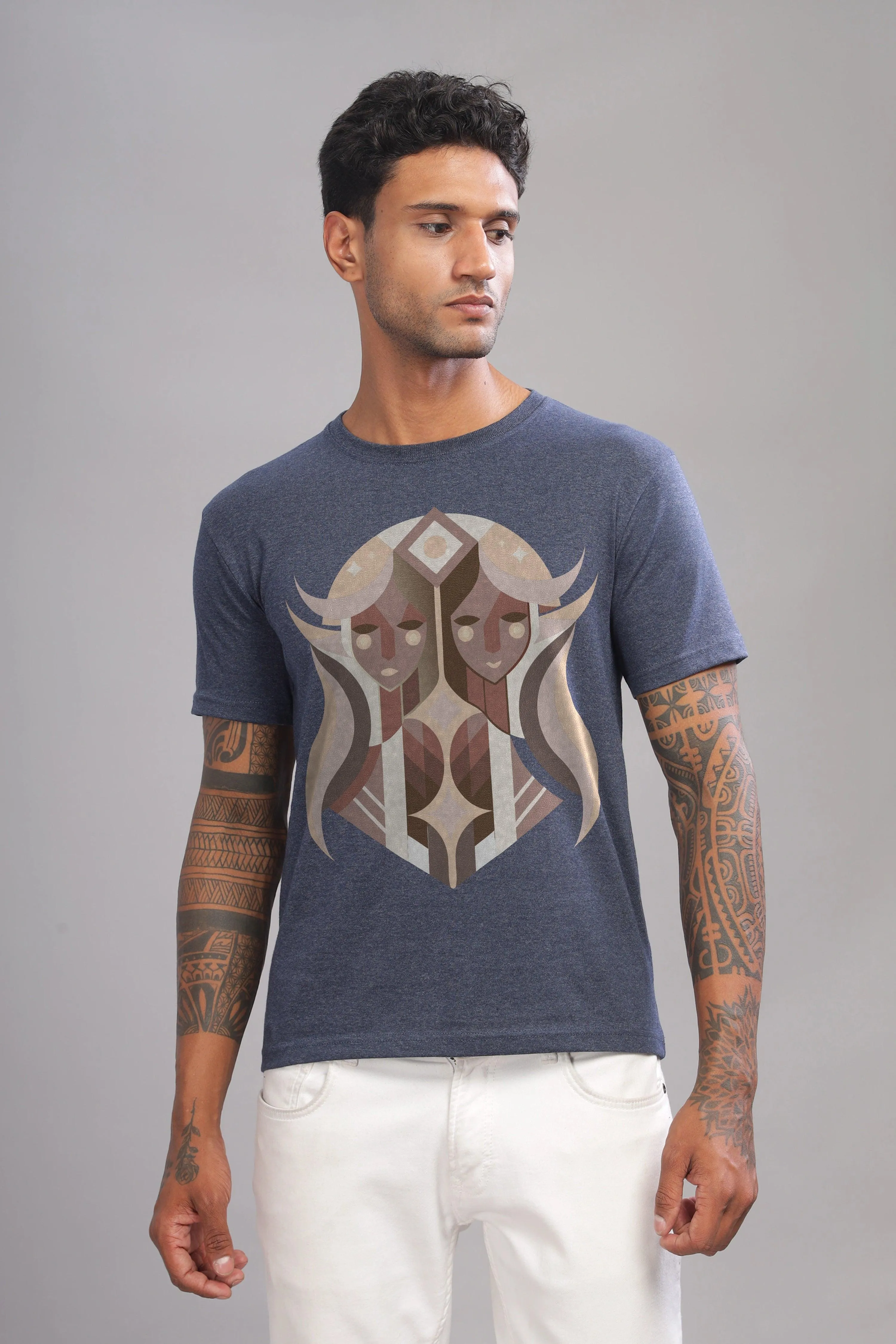 Gemini Guru Denim Blue Half Sleeve Printed Round Neck T-Shirt