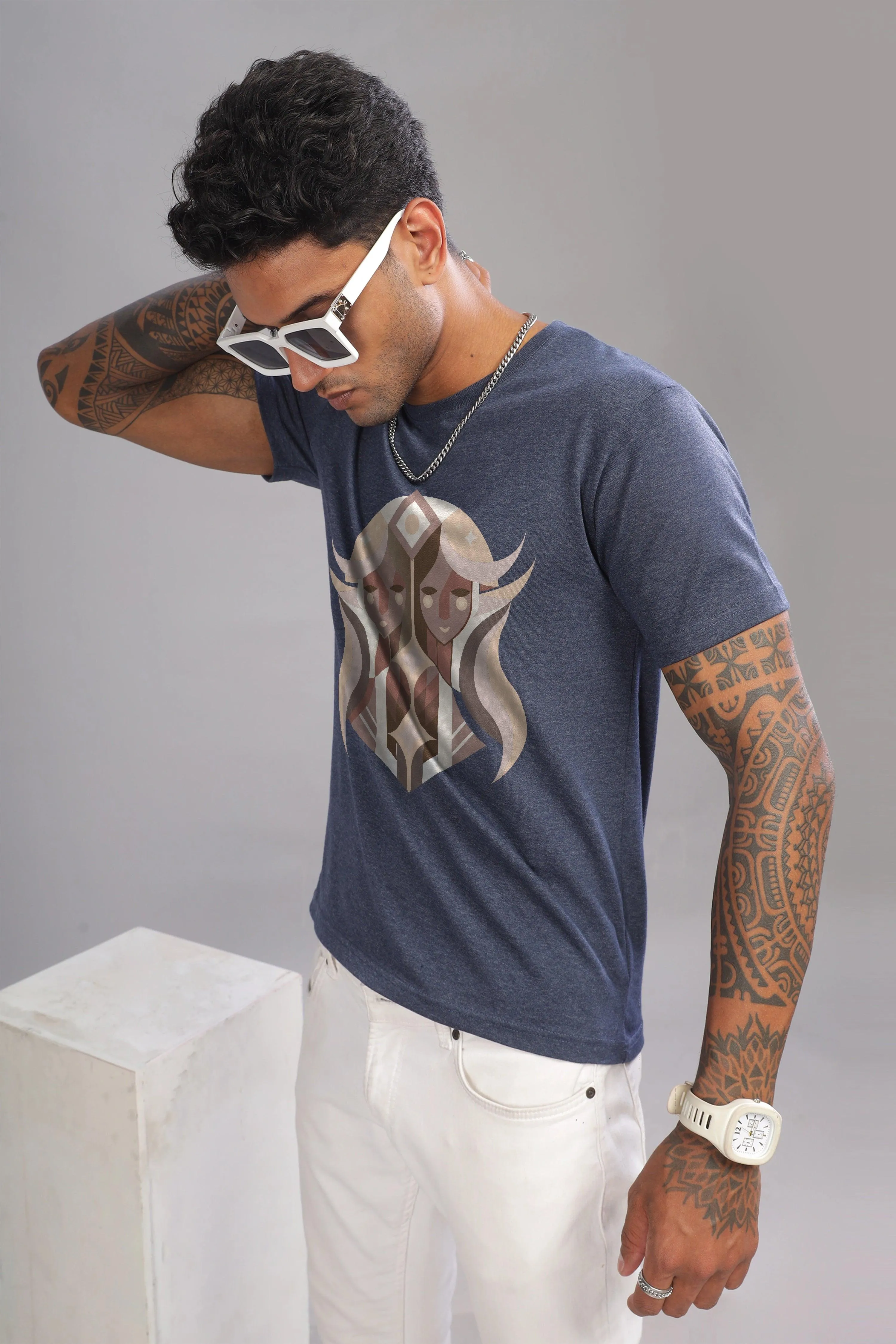 Gemini Guru Denim Blue Half Sleeve Printed Round Neck T-Shirt