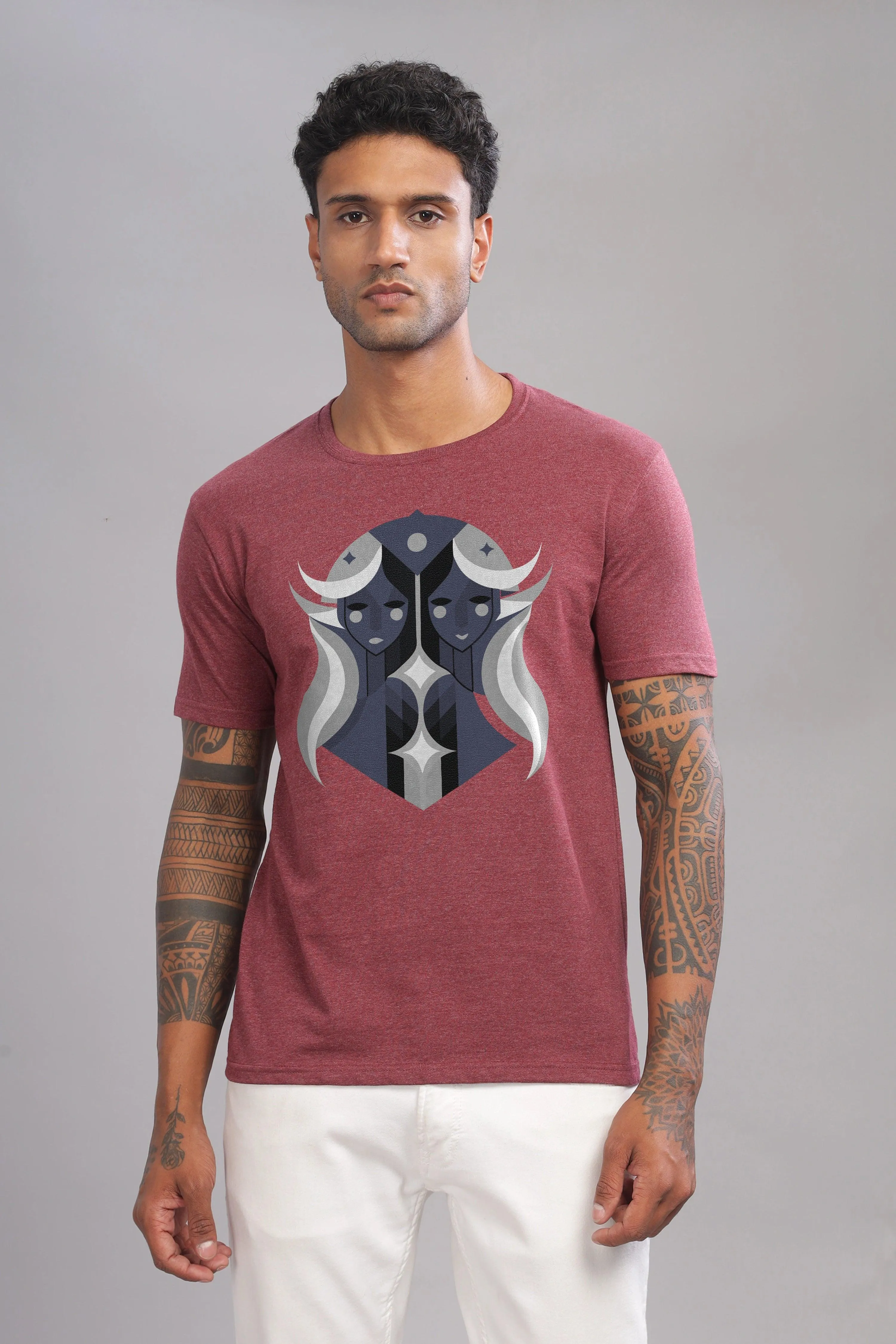 Gemini Guru Maroon Half Sleeve Printed Round Neck T-Shirt