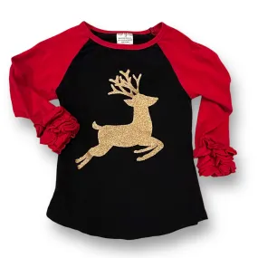 Girls Boutique Size 2T Black & Red Sparkle Reindeer Ruffle Sleeve Shirt