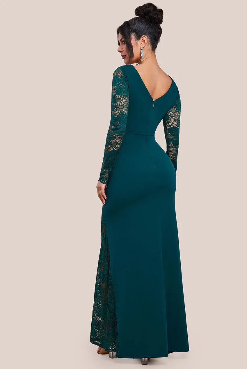 Goddiva Scuba & Lace Wrap Maxi Dress - Emerald