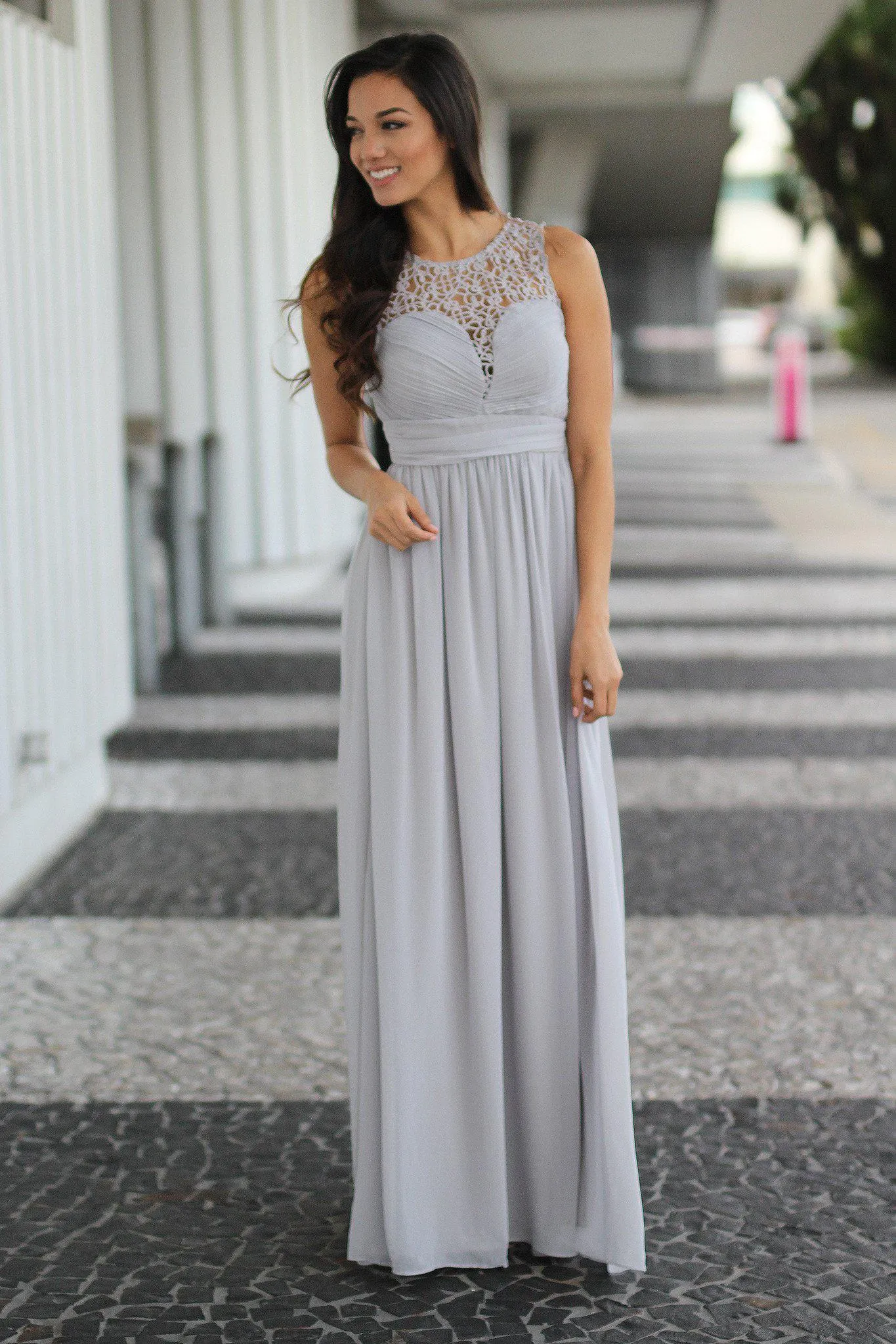 Gray Crochet Sleeveless Maxi Dress