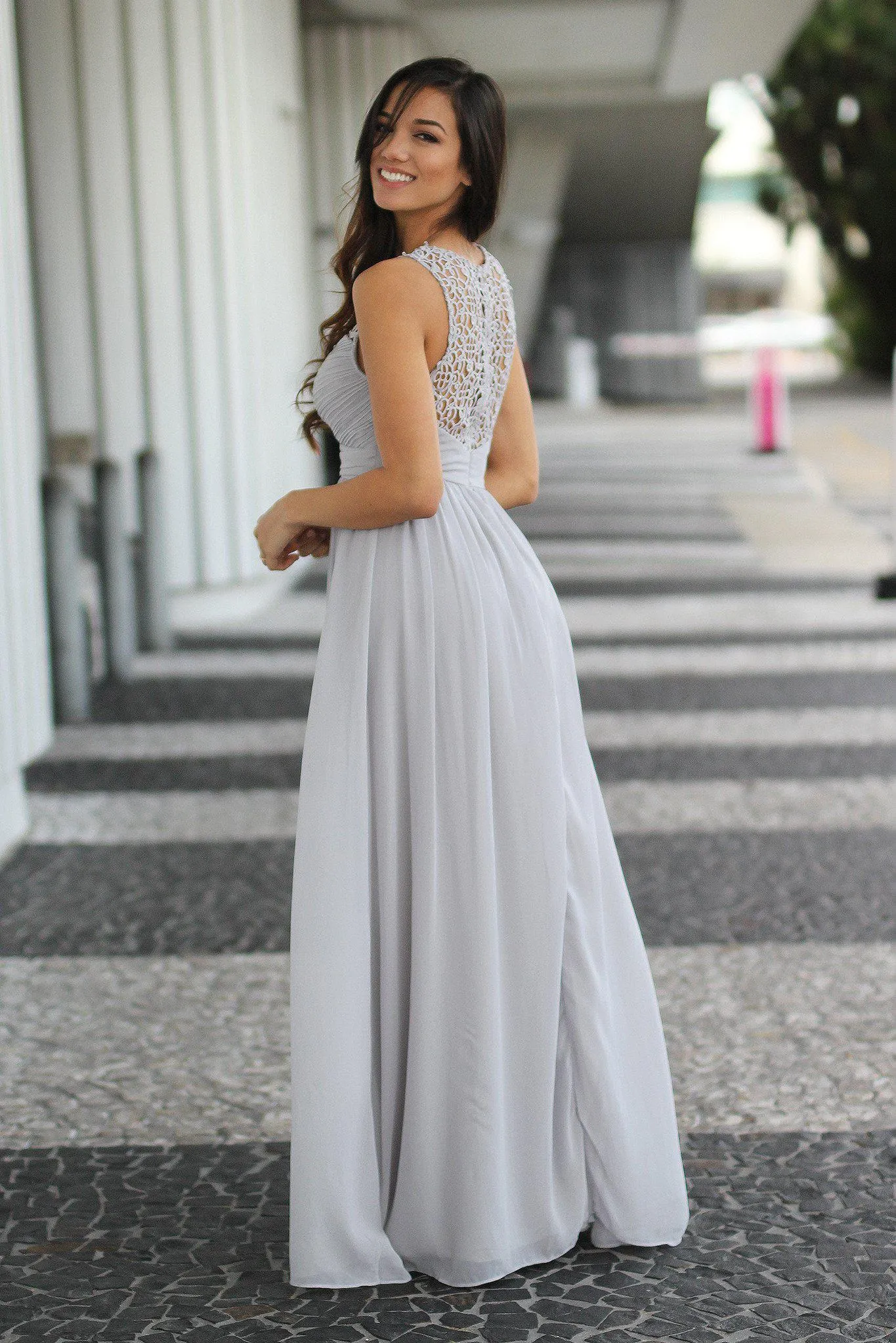 Gray Crochet Sleeveless Maxi Dress