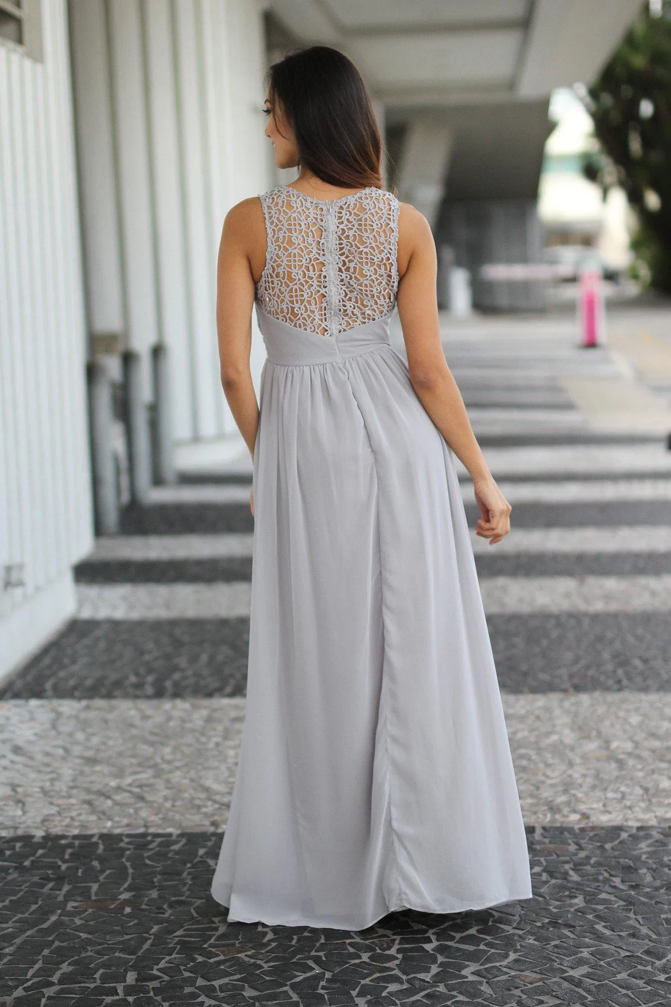 Gray Crochet Sleeveless Maxi Dress