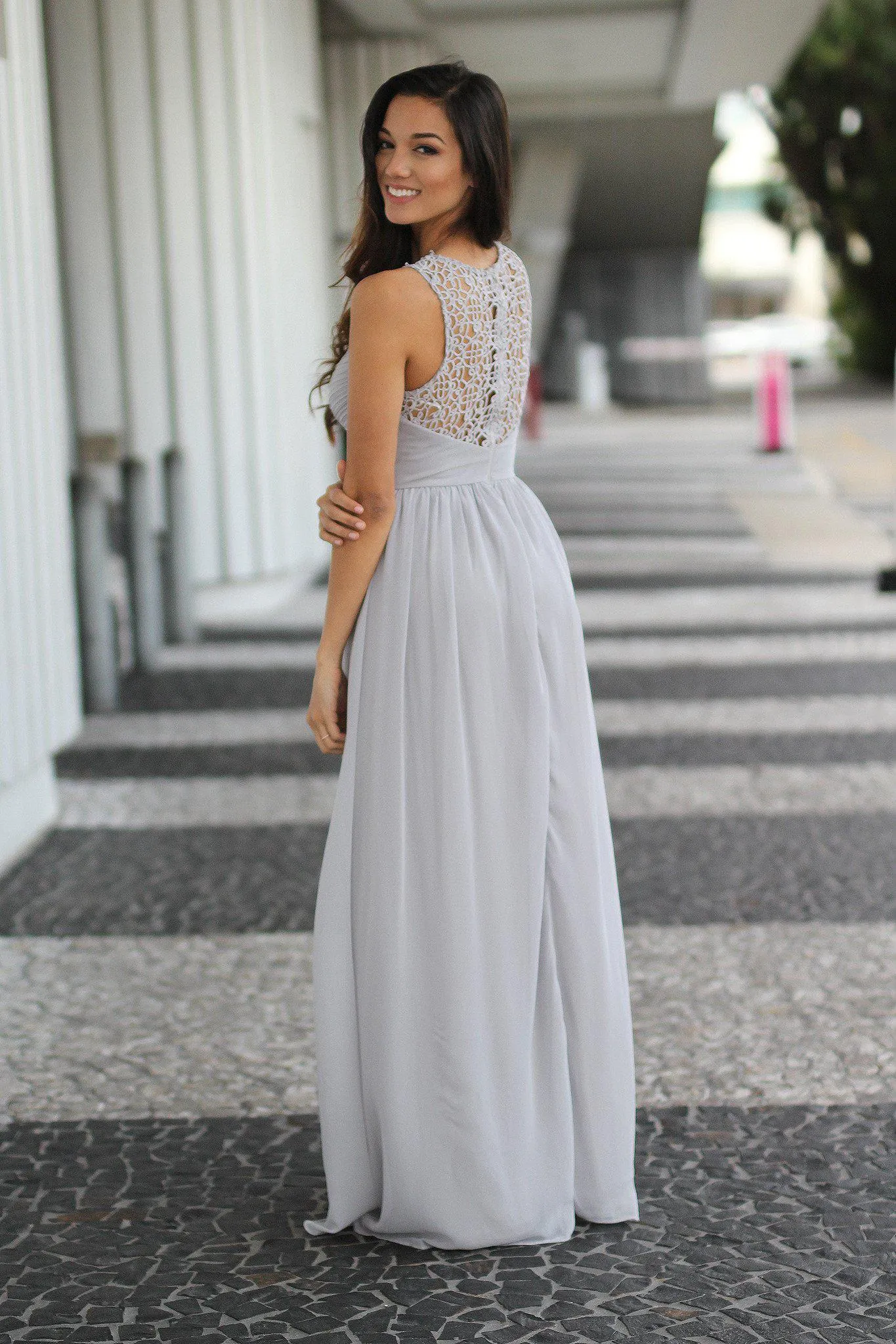 Gray Crochet Sleeveless Maxi Dress