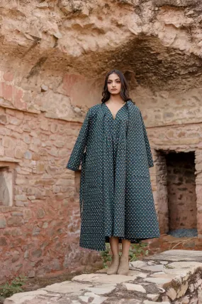 Green Block Printed Dress With Quilted Jacket