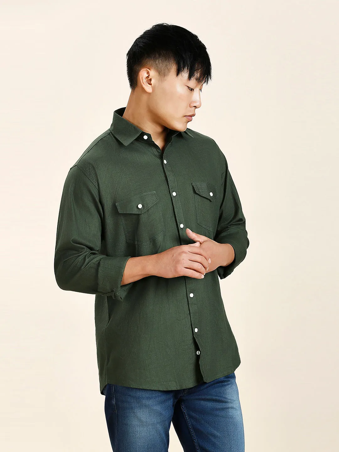 Green Double Pocket Shirt for Men