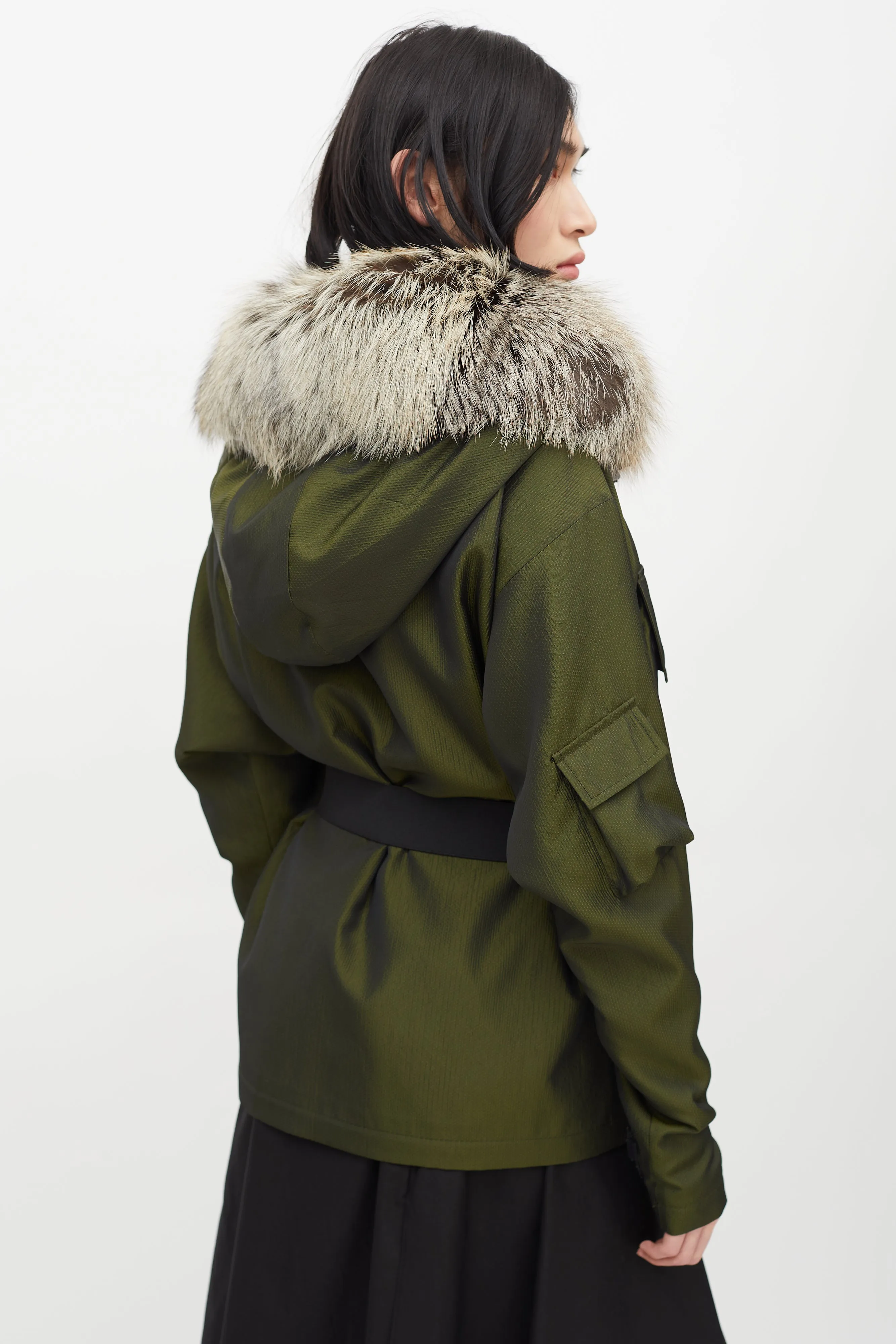 Green Metallic Fur Trim Belted Jacket