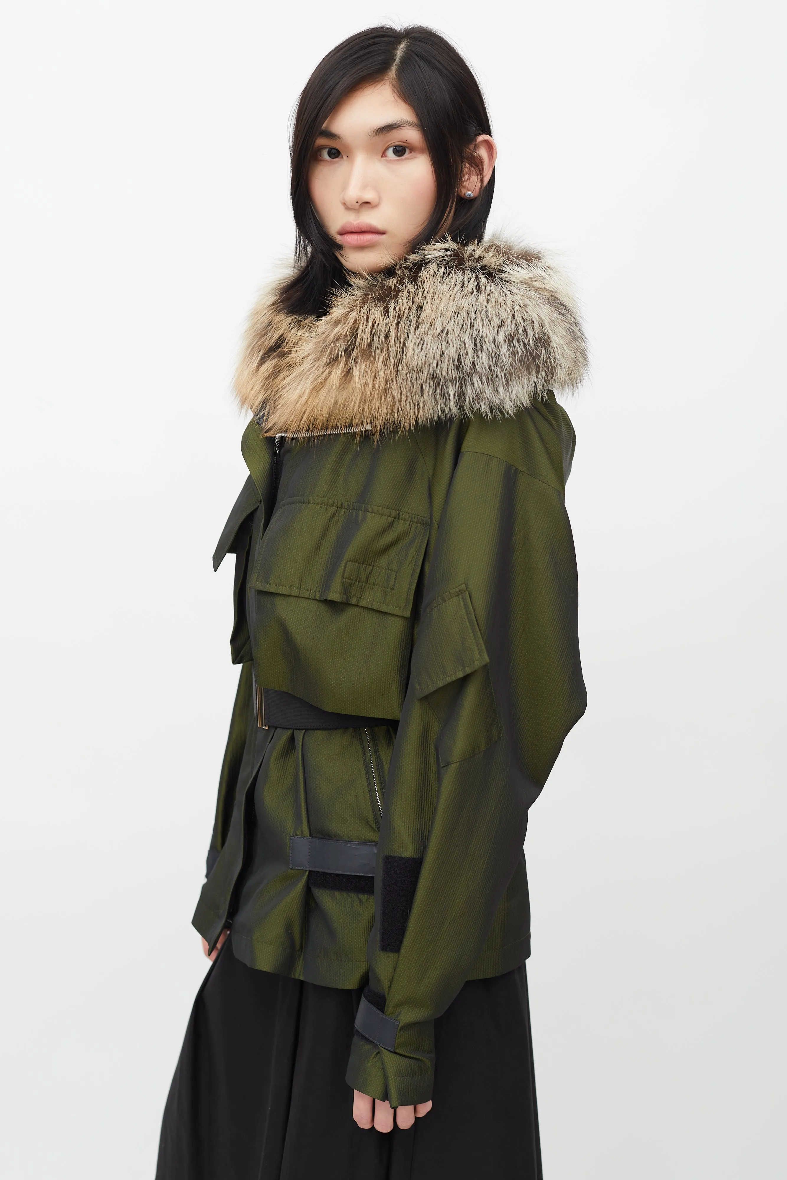 Green Metallic Fur Trim Belted Jacket