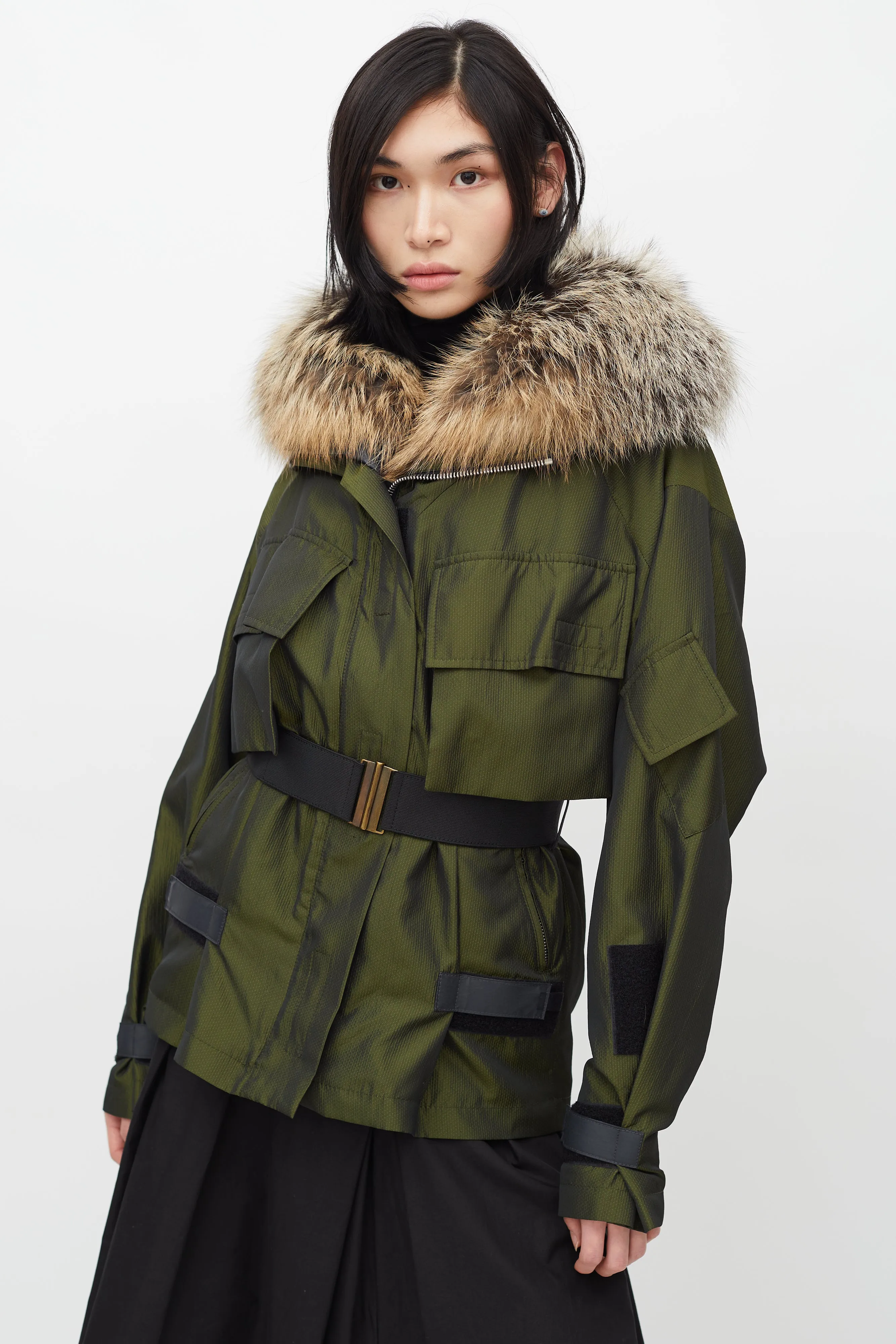 Green Metallic Fur Trim Belted Jacket