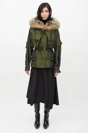 Green Metallic Fur Trim Belted Jacket