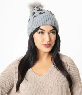 Grey & Brown Leopard Pom Pom Beanie