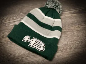 HB Sports Striped Color Winter Pom-Pom Beanie Hat: Green and Silver