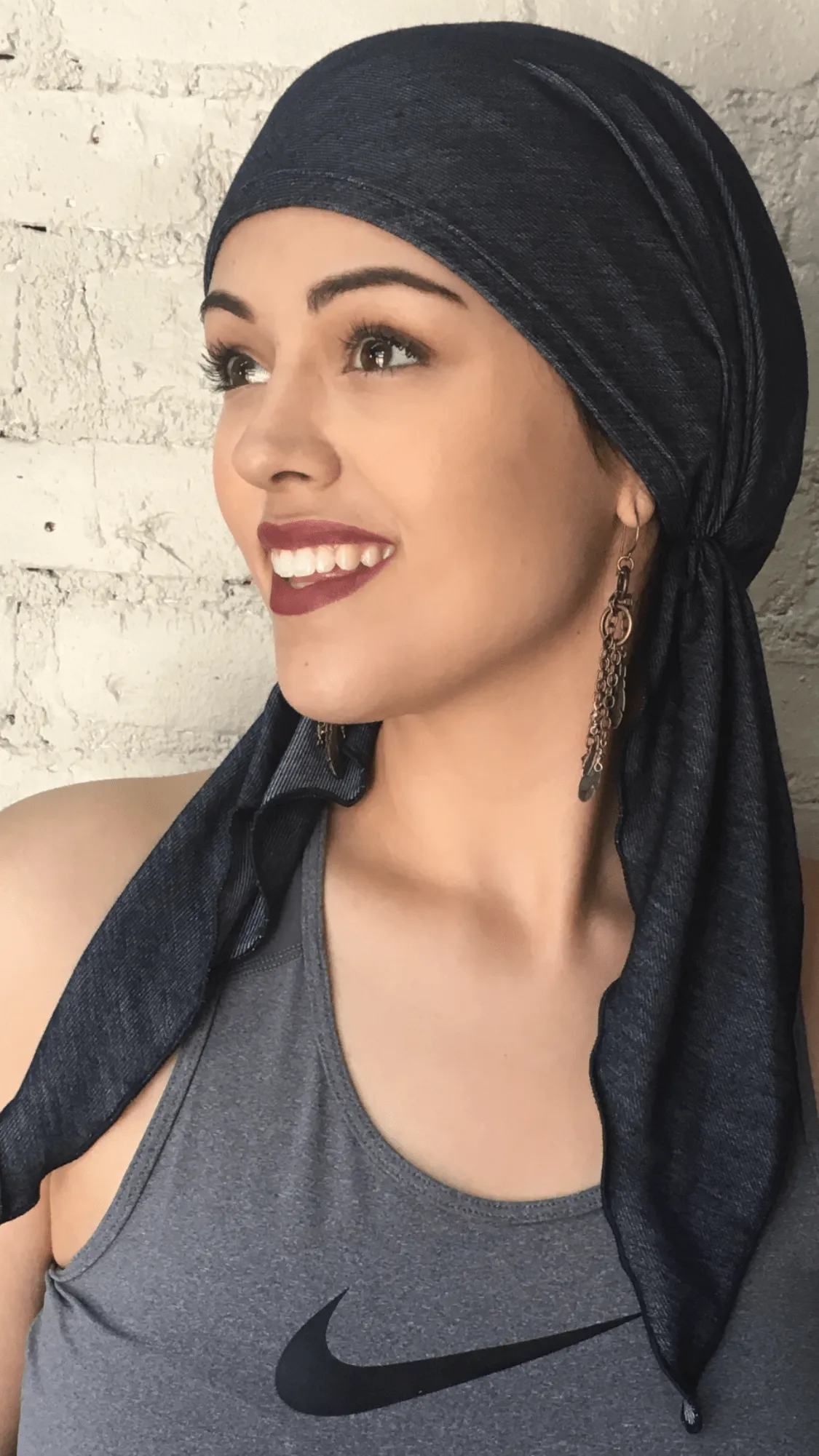 Head Covering For Women | Tie Back Hat Denim Scrub Cap Slip-On Pre Tied Bandana | Made in USA