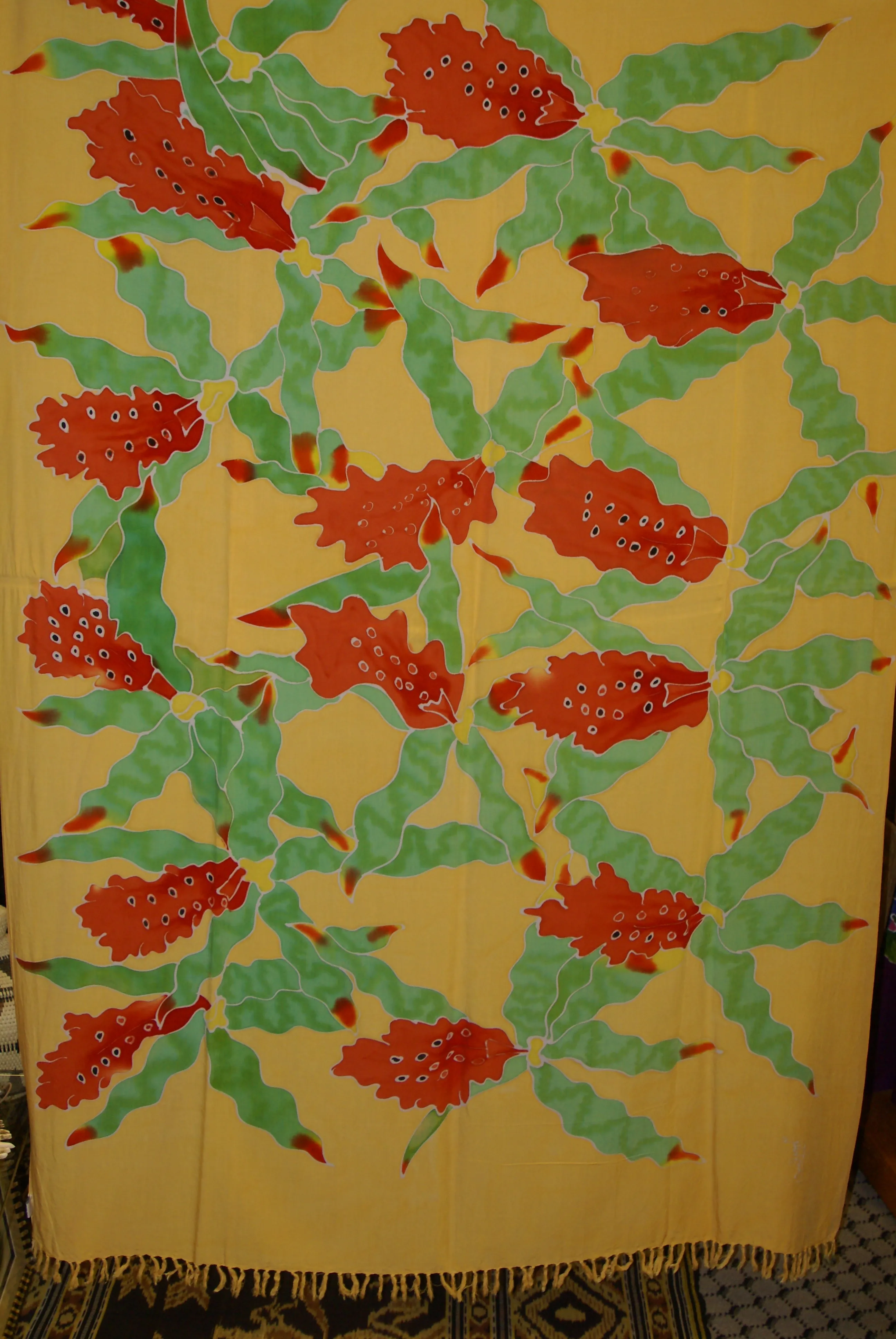 HIGH QUALITY HAND PAINTED FABRIC SARONG SIGNED BY THE ARTIST: ODONTOGLOSSUM ORCHIDS 70" x 48" (no 2C) ORANGE YELLOW GREEN