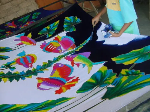 HIGH QUALITY HAND PAINTED FABRIC SARONG SIGNED BY THE ARTIST: ODONTOGLOSSUM ORCHIDS 70" x 48" (no 2C) ORANGE YELLOW GREEN