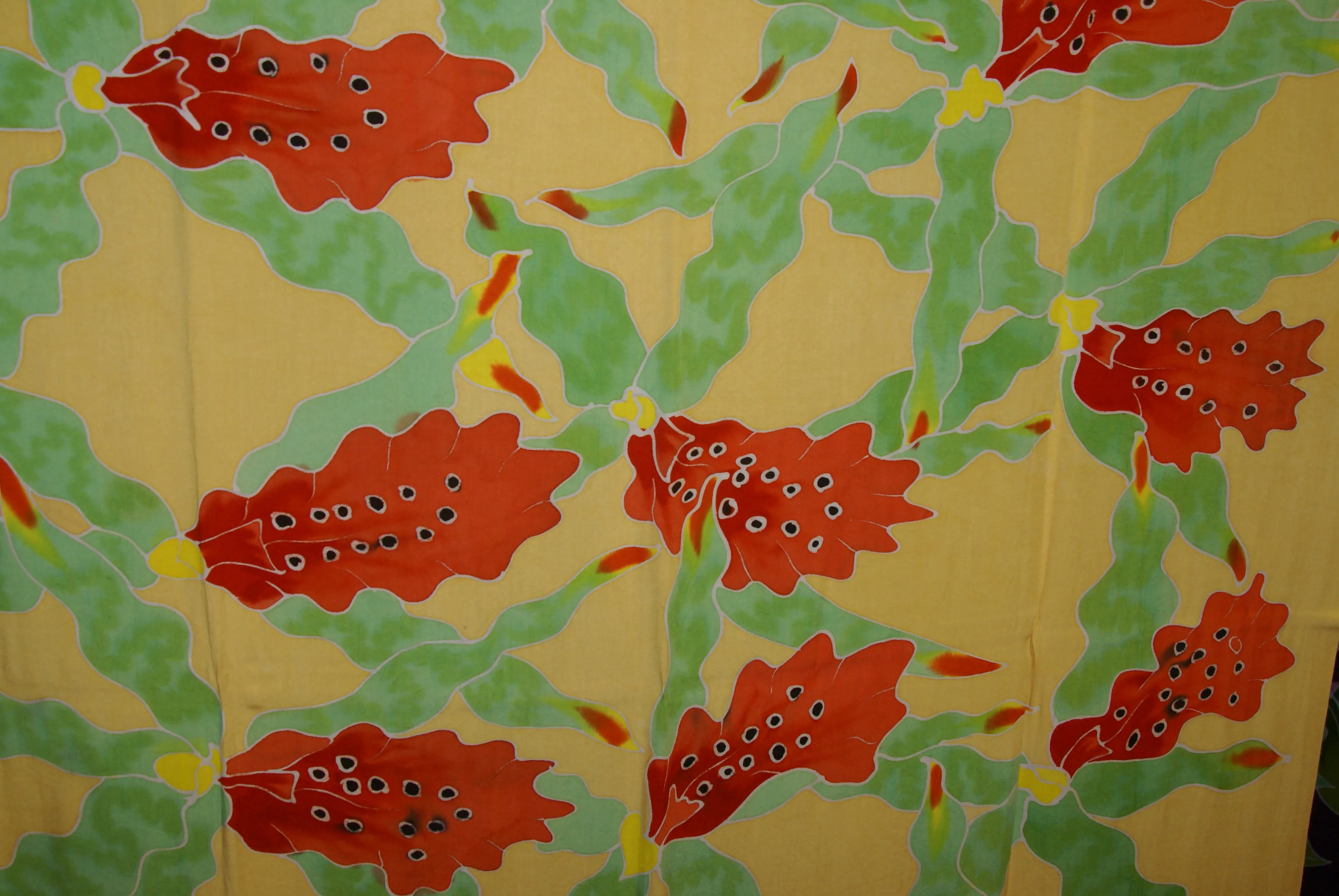 HIGH QUALITY HAND PAINTED FABRIC SARONG SIGNED BY THE ARTIST: ODONTOGLOSSUM ORCHIDS 70" x 48" (no 2C) ORANGE YELLOW GREEN