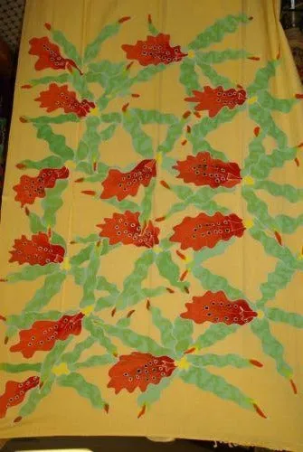 HIGH QUALITY HAND PAINTED FABRIC SARONG SIGNED BY THE ARTIST: ODONTOGLOSSUM ORCHIDS 70" x 48" (no 2C) ORANGE YELLOW GREEN